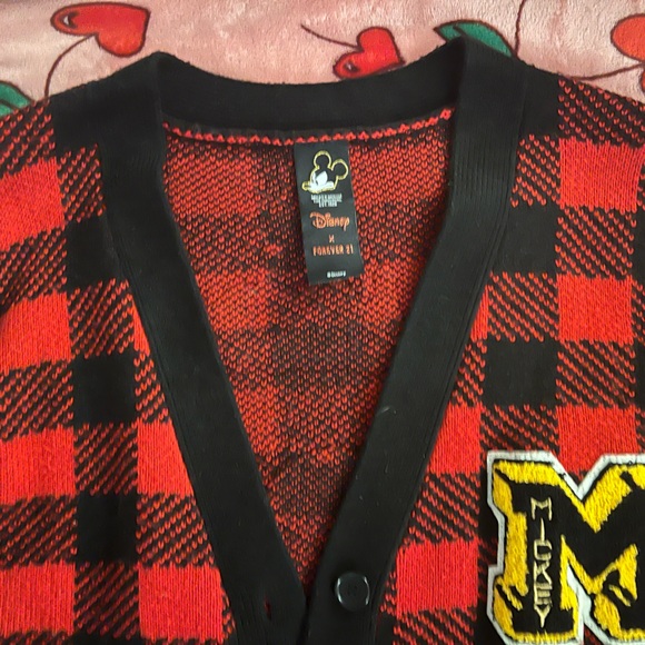 Disney x Forever 21 Mickey Mouse Red and Black Plaid Cardigan with Patch - Picture 4 of 5
